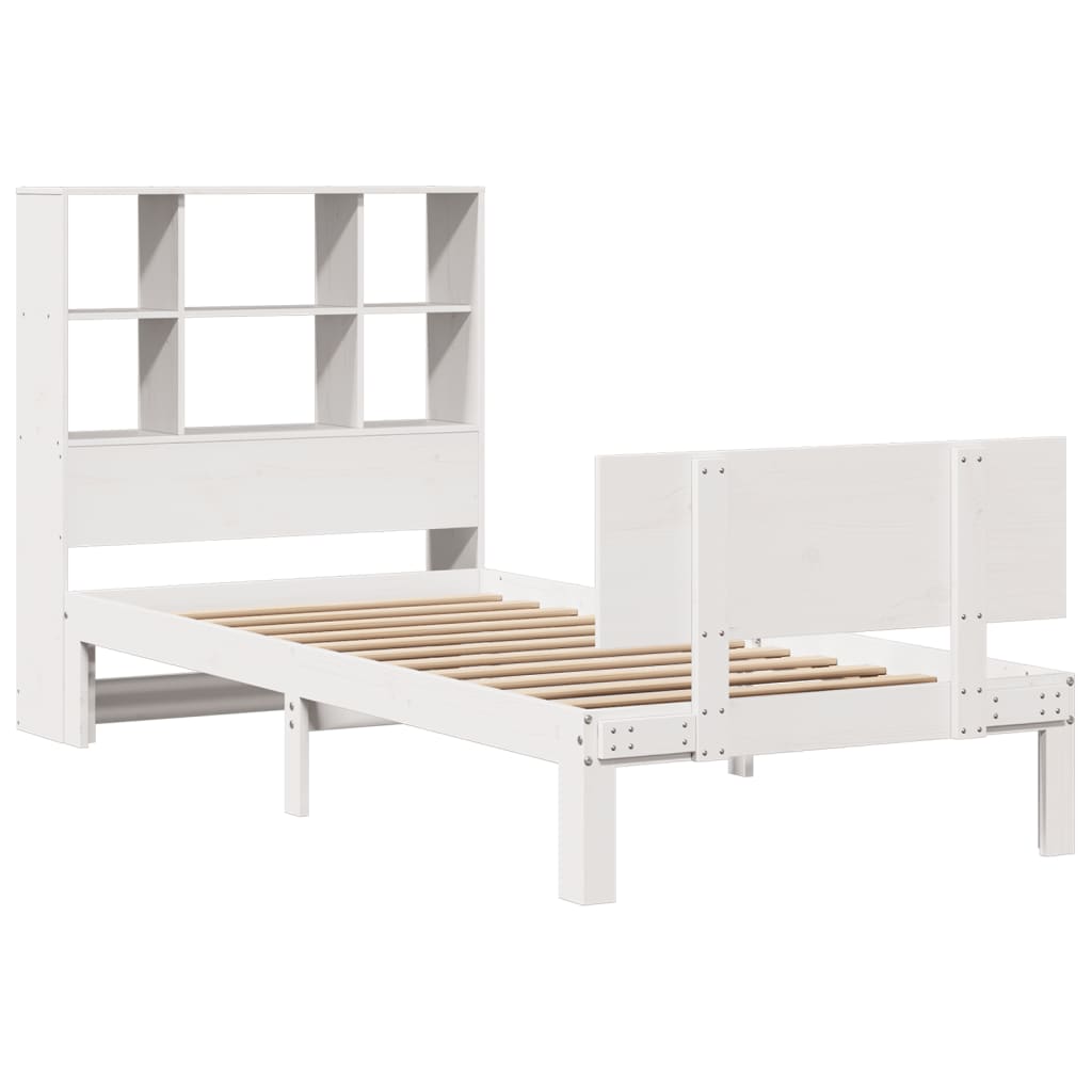 vidaXL Pat cu bibliotecă fără saltea, alb, 90x200 cm, lemn masiv pin vidaXL Pat cu bibliotecă fără saltea, alb, 90x200 cm, lemn masiv pin