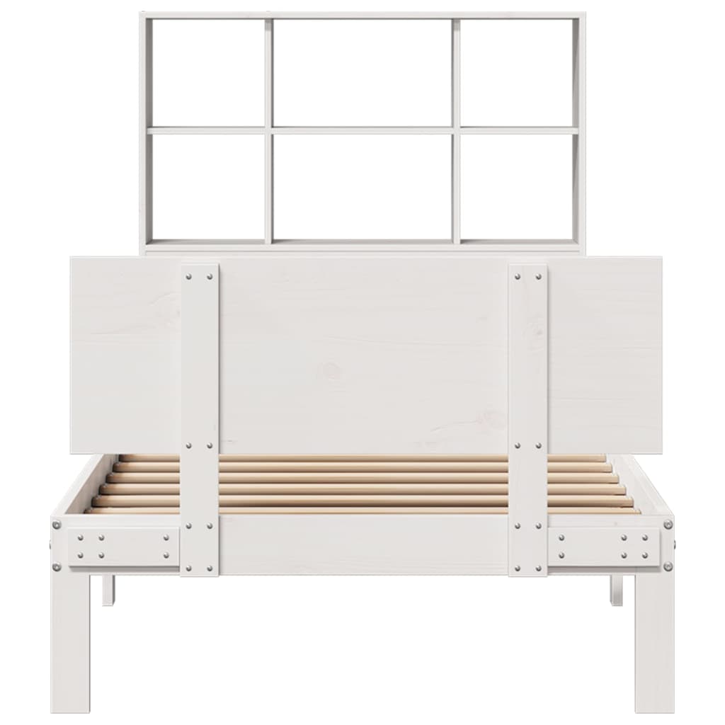 vidaXL Pat cu bibliotecă fără saltea, alb, 90x200 cm, lemn masiv pin vidaXL Pat cu bibliotecă fără saltea, alb, 90x200 cm, lemn masiv pin