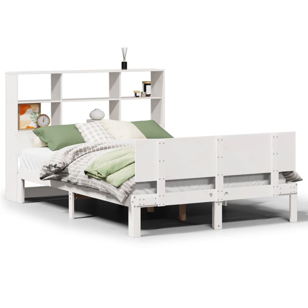 vidaXL Pat cu bibliotecă fără saltea, alb, 160x200 cm, lemn masiv pin vidaXL Pat cu bibliotecă fără saltea, alb, 160x200 cm, lemn masiv pin