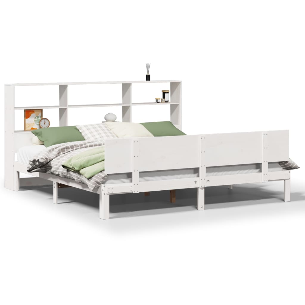 vidaXL Pat cu bibliotecă fără saltea, alb, 200x200 cm, lemn masiv pin