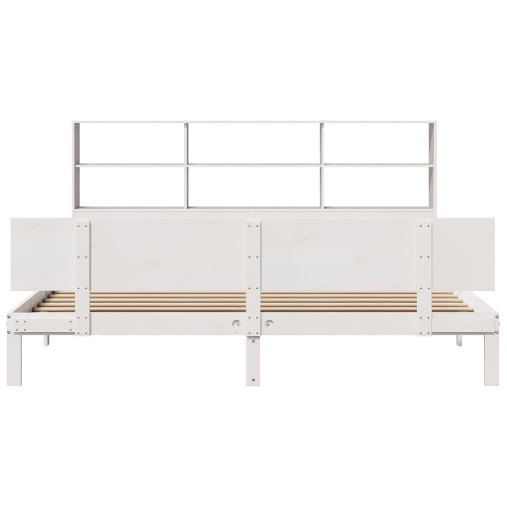 vidaXL Pat cu bibliotecă fără saltea, alb, 200x200 cm, lemn masiv pin