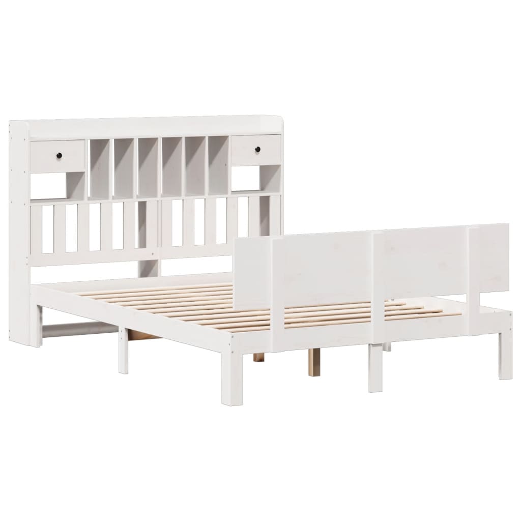 vidaXL Pat cu bibliotecă fără saltea, alb, 140x190 cm, lemn masiv pin vidaXL Pat cu bibliotecă fără saltea, alb, 140x190 cm, lemn masiv pin