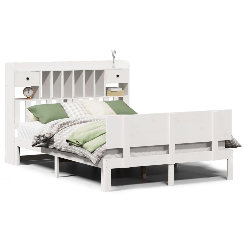vidaXL Pat cu bibliotecă fără saltea, alb, 140x200 cm, lemn masiv pin vidaXL Pat cu bibliotecă fără saltea, alb, 140x200 cm, lemn masiv pin