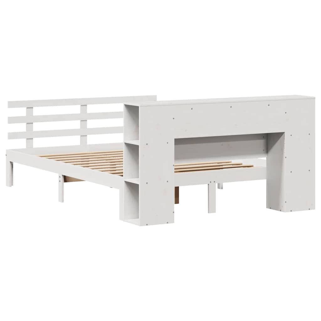 vidaXL Pat cu bibliotecă fără saltea, alb, 135x190 cm, lemn masiv pin