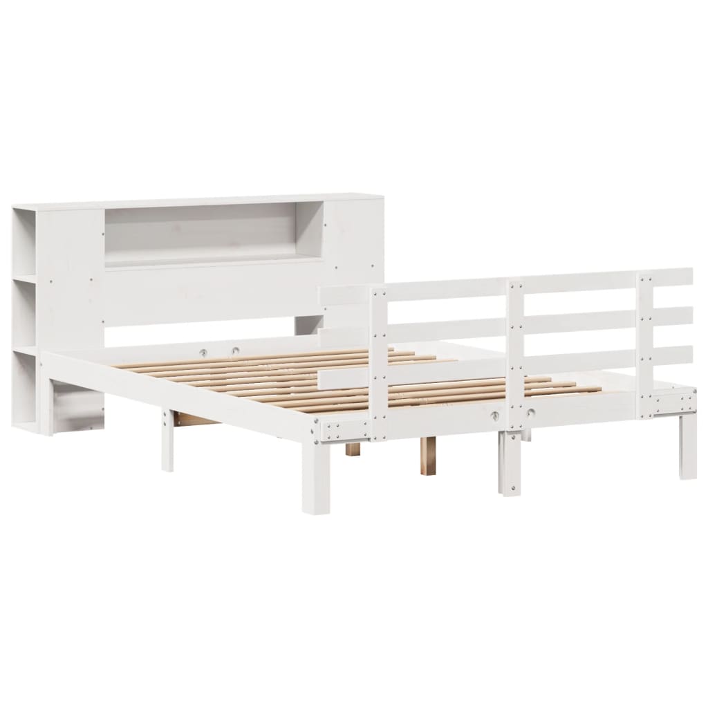 vidaXL Pat cu bibliotecă fără saltea, alb, 150x200 cm, lemn masiv pin vidaXL Pat cu bibliotecă fără saltea, alb, 150x200 cm, lemn masiv pin