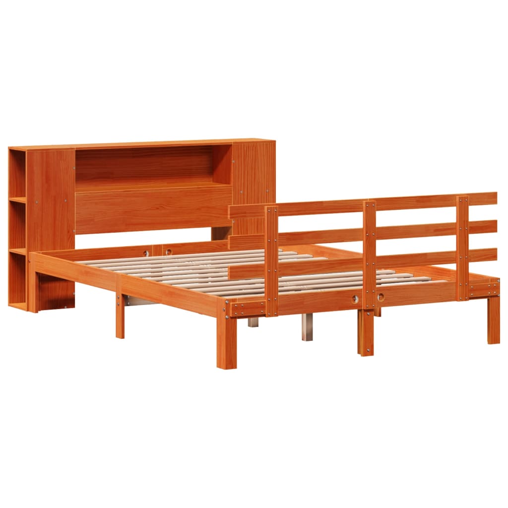 vidaXL Pat cu bibliotecă fără saltea, maro, 120x200 cm, lemn masiv pin vidaXL Pat cu bibliotecă fără saltea, maro, 120x200 cm, lemn masiv pin