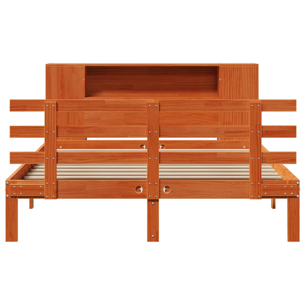 vidaXL Pat cu bibliotecă fără saltea, maro, 120x200 cm, lemn masiv pin vidaXL Pat cu bibliotecă fără saltea, maro, 120x200 cm, lemn masiv pin
