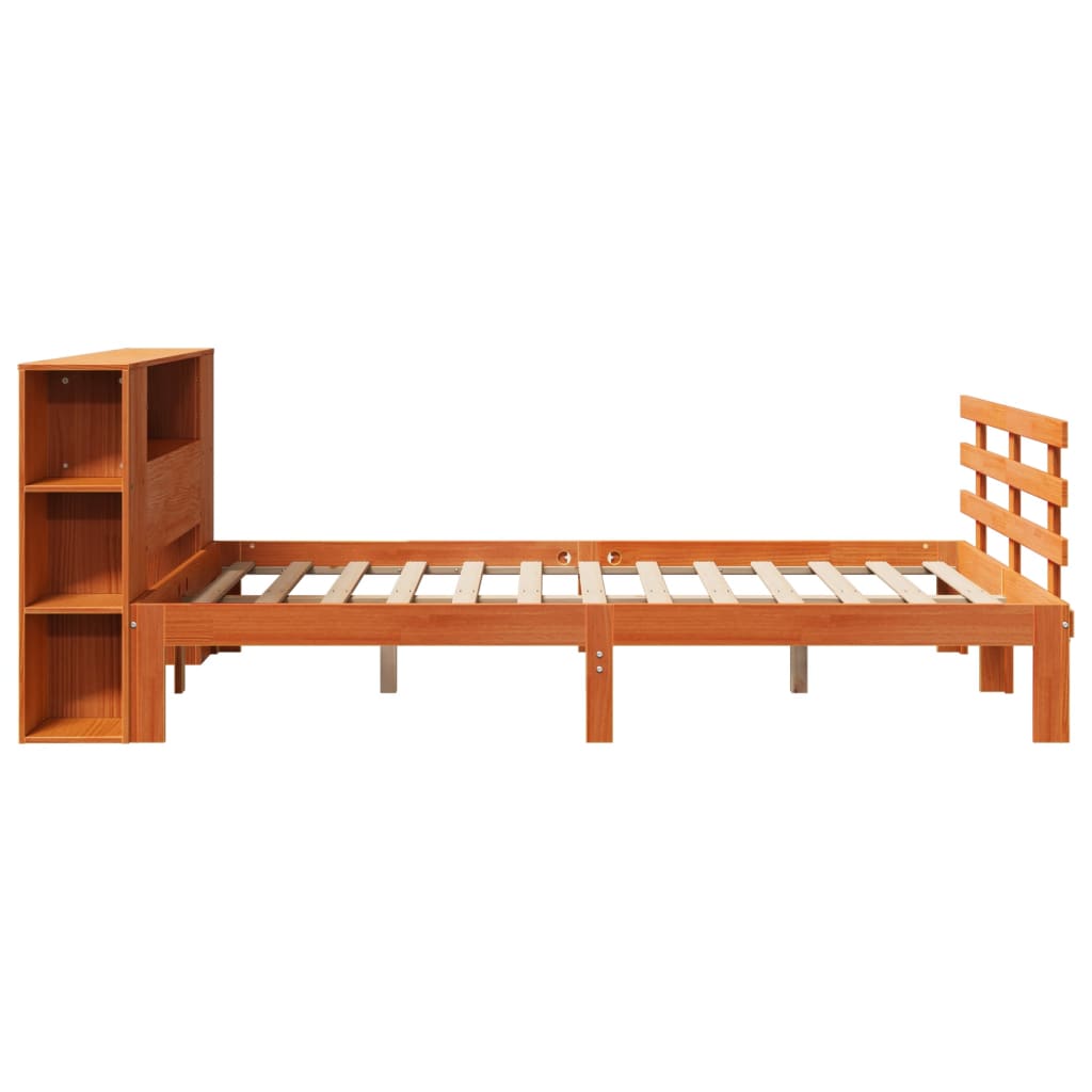 vidaXL Pat cu bibliotecă fără saltea, maro, 120x200 cm, lemn masiv pin vidaXL Pat cu bibliotecă fără saltea, maro, 120x200 cm, lemn masiv pin
