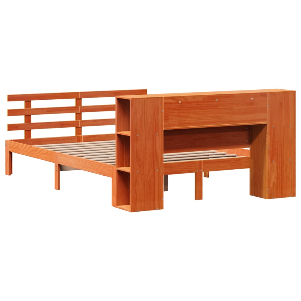 vidaXL Pat cu bibliotecă fără saltea, maro, 120x200 cm, lemn masiv pin vidaXL Pat cu bibliotecă fără saltea, maro, 120x200 cm, lemn masiv pin