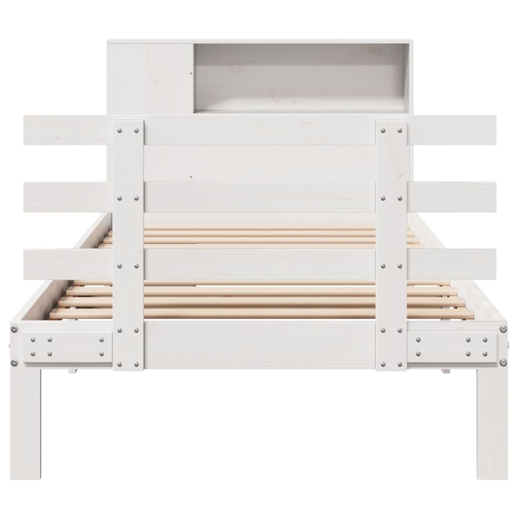 vidaXL Pat cu bibliotecă fără saltea, alb, 75x190 cm, lemn masiv pin vidaXL Pat cu bibliotecă fără saltea, alb, 75x190 cm, lemn masiv pin