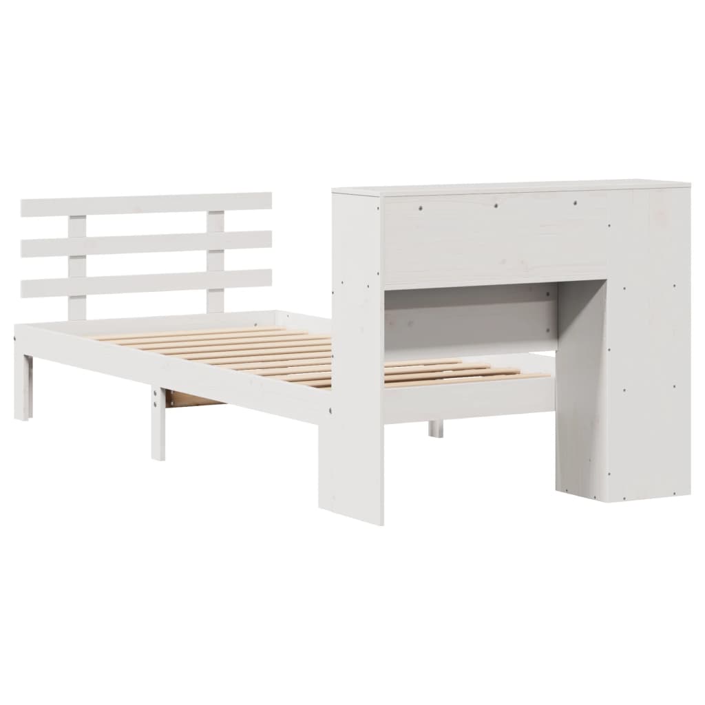 vidaXL Pat cu bibliotecă fără saltea, alb, 75x190 cm, lemn masiv pin vidaXL Pat cu bibliotecă fără saltea, alb, 75x190 cm, lemn masiv pin