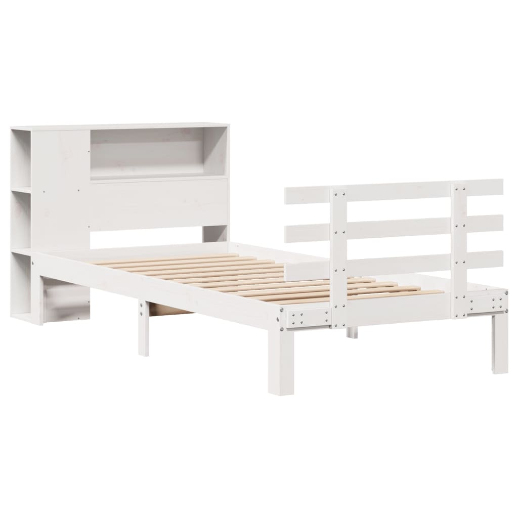 vidaXL Pat cu bibliotecă fără saltea, alb, 100x200 cm, lemn masiv pin
