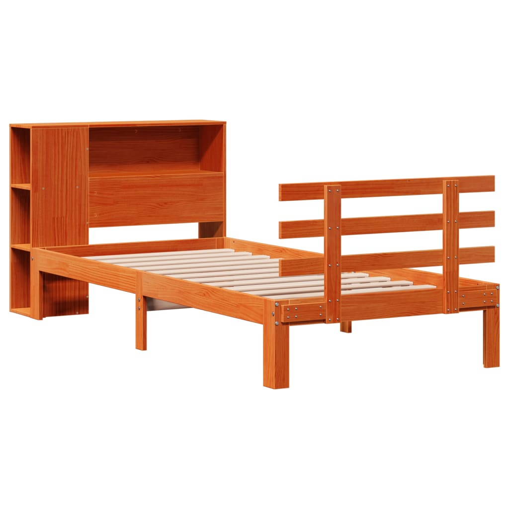 vidaXL Pat cu bibliotecă fără saltea, maro, 100x200 cm, lemn masiv pin vidaXL Pat cu bibliotecă fără saltea, maro, 100x200 cm, lemn masiv pin