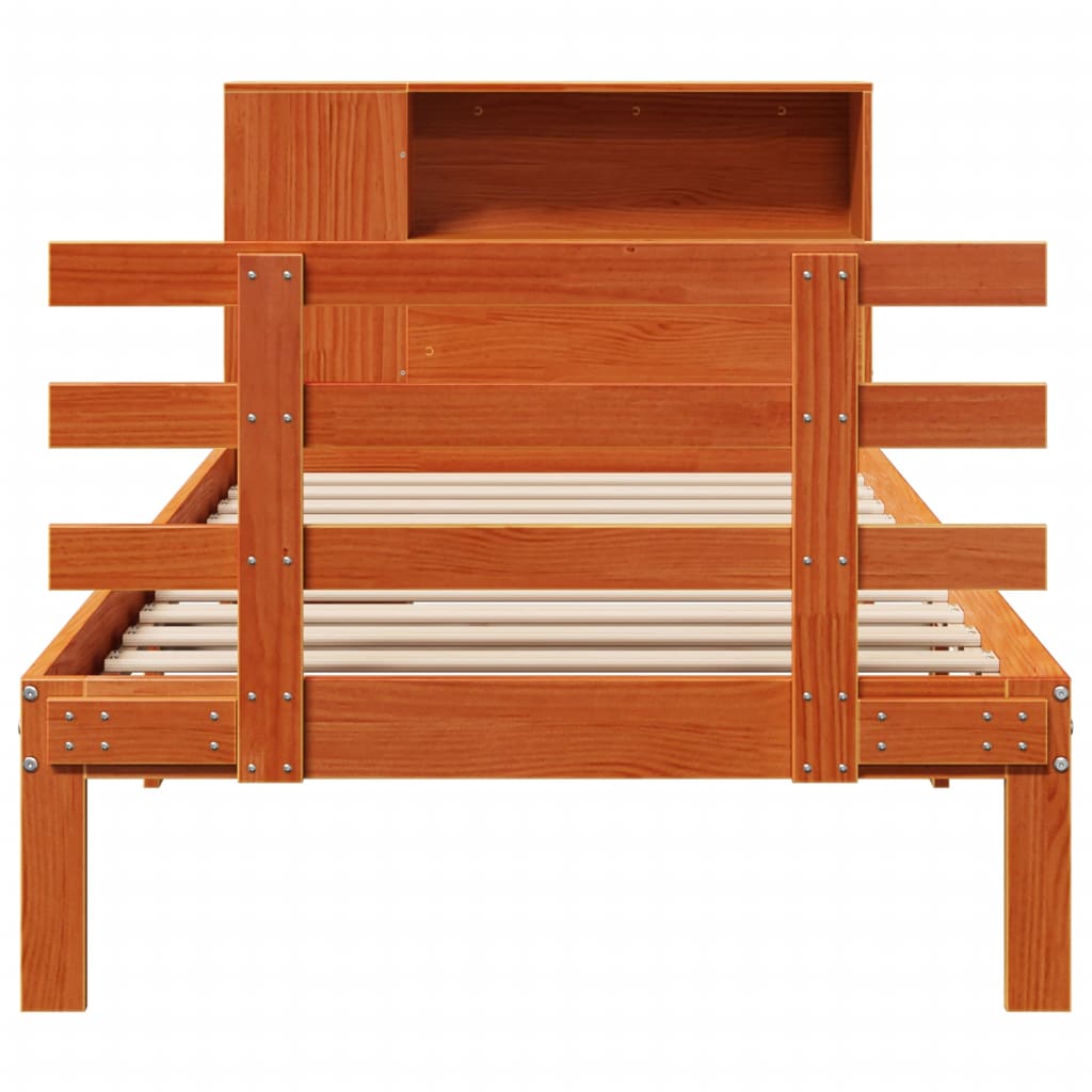vidaXL Pat cu bibliotecă fără saltea, maro, 100x200 cm, lemn masiv pin vidaXL Pat cu bibliotecă fără saltea, maro, 100x200 cm, lemn masiv pin