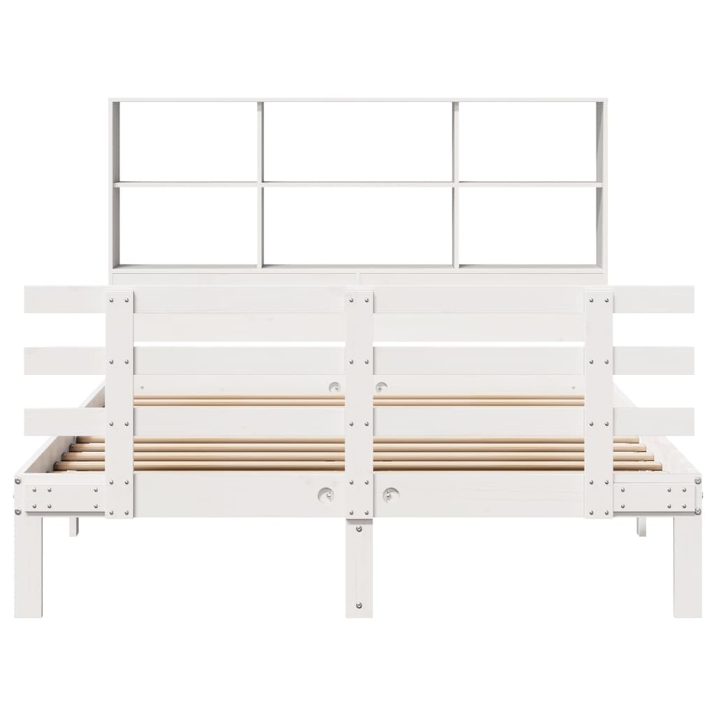 vidaXL Pat cu bibliotecă fără saltea, alb, 140x190 cm, lemn masiv pin