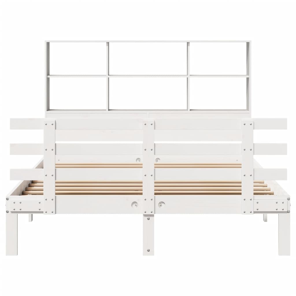vidaXL Pat cu bibliotecă fără saltea, alb, 160x200 cm, lemn masiv pin vidaXL Pat cu bibliotecă fără saltea, alb, 160x200 cm, lemn masiv pin