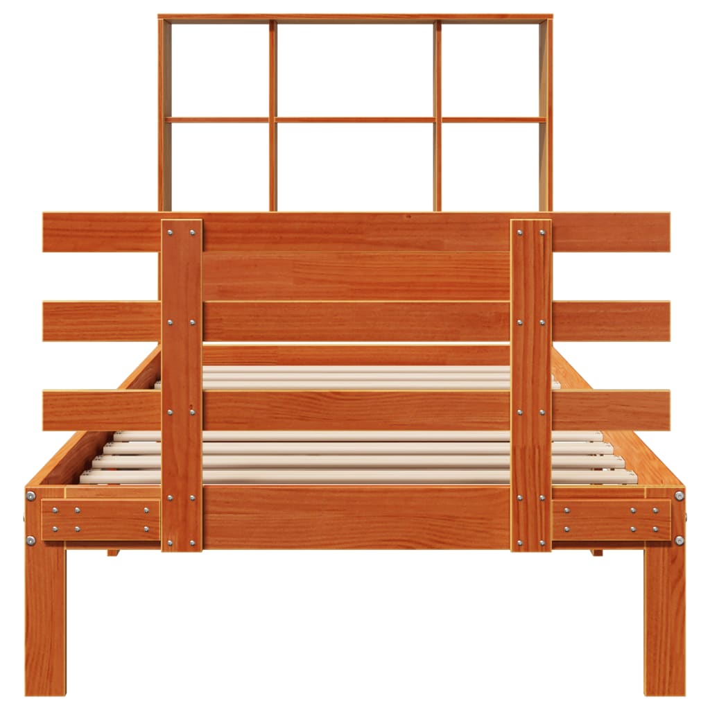 vidaXL Pat cu bibliotecă fără saltea, maro, 90x200 cm, lemn masiv pin vidaXL Pat cu bibliotecă fără saltea, maro, 90x200 cm, lemn masiv pin