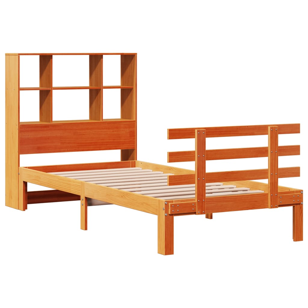 vidaXL Pat cu bibliotecă fără saltea, maro, 100x200 cm, lemn masiv pin vidaXL Pat cu bibliotecă fără saltea, maro, 100x200 cm, lemn masiv pin
