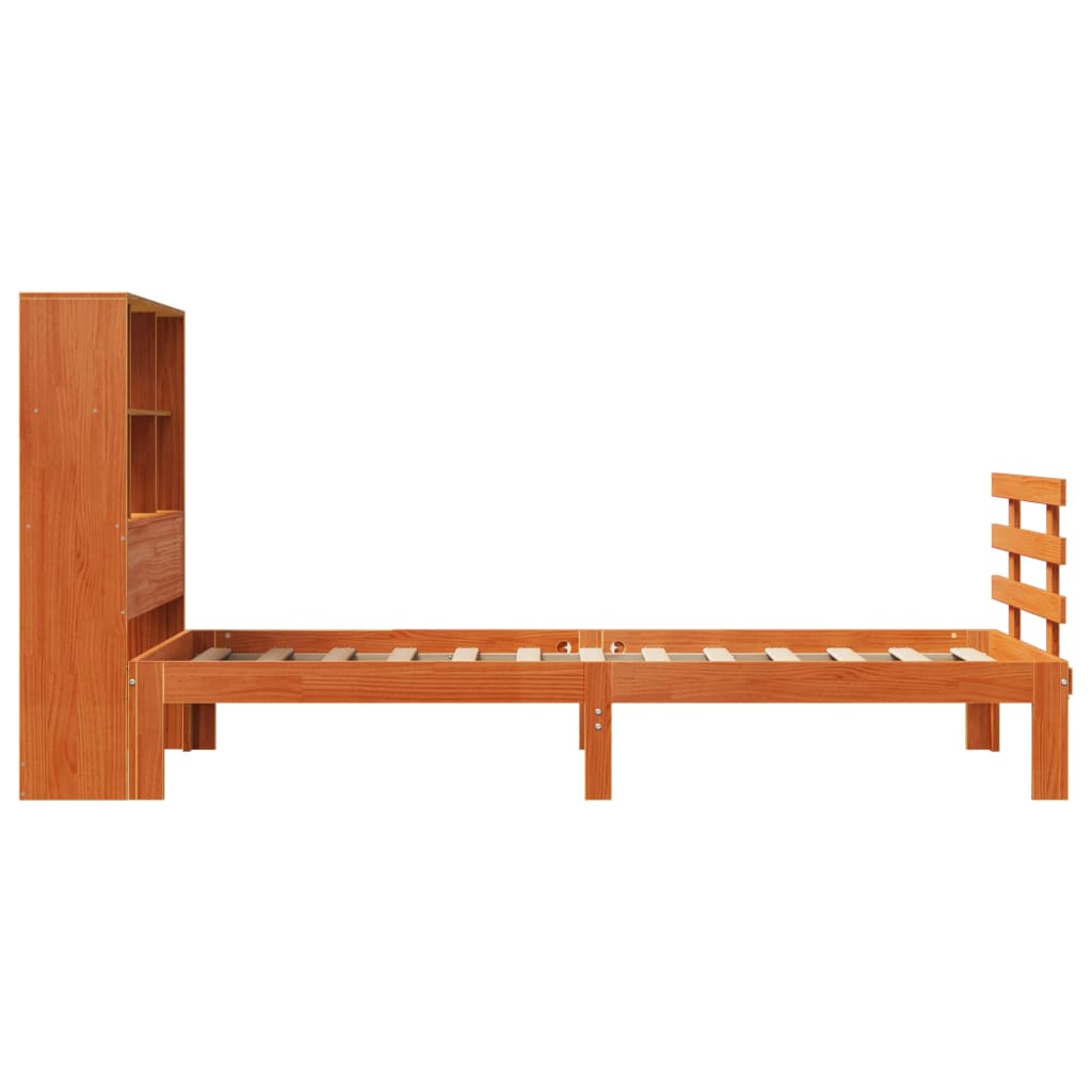 vidaXL Pat cu bibliotecă fără saltea, maro, 100x200 cm, lemn masiv pin vidaXL Pat cu bibliotecă fără saltea, maro, 100x200 cm, lemn masiv pin