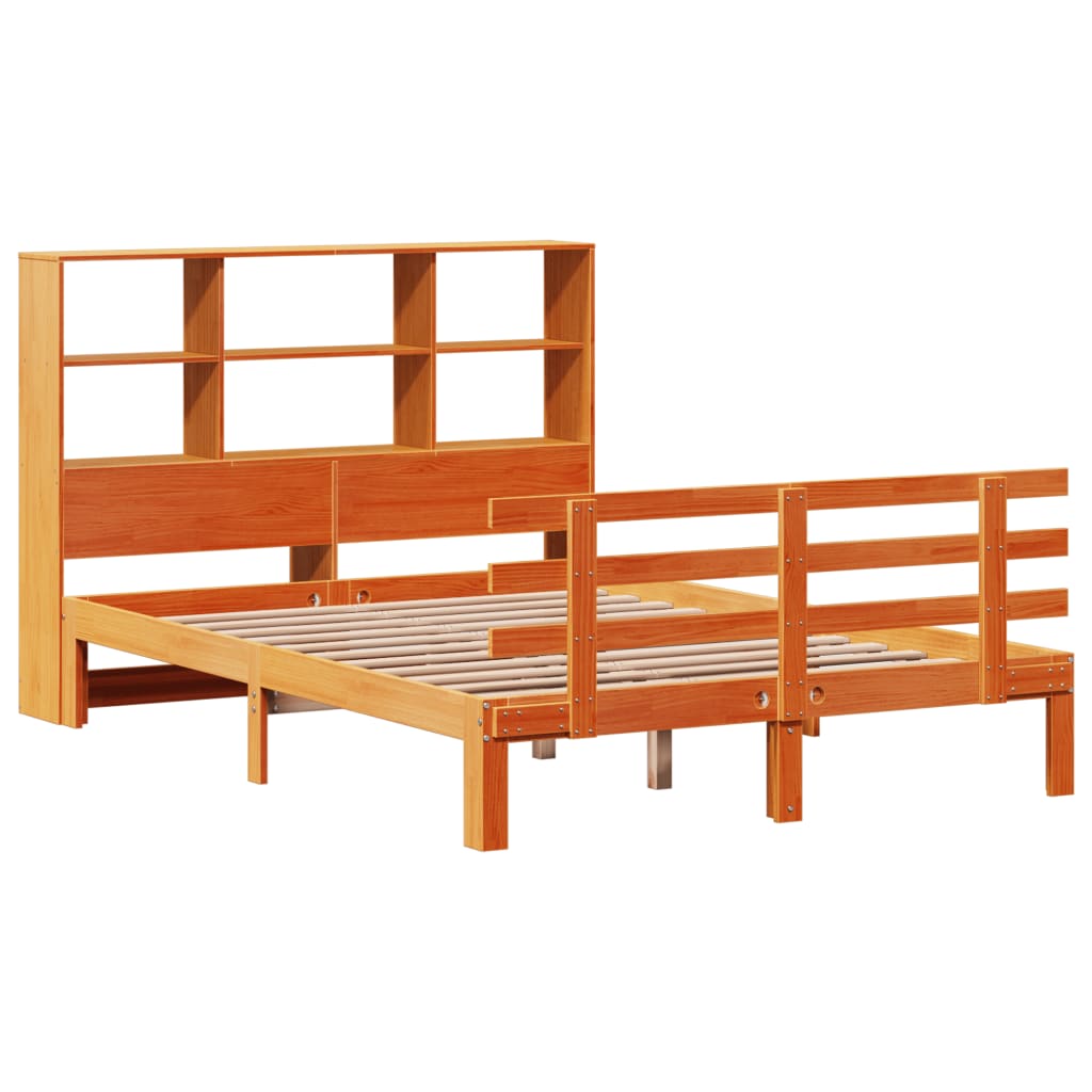 vidaXL Pat cu bibliotecă fără saltea, maro, 120x200 cm, lemn masiv pin vidaXL Pat cu bibliotecă fără saltea, maro, 120x200 cm, lemn masiv pin