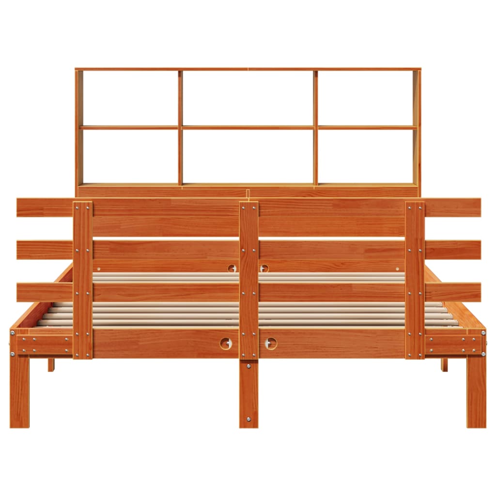 vidaXL Pat cu bibliotecă fără saltea, maro, 120x200 cm, lemn masiv pin vidaXL Pat cu bibliotecă fără saltea, maro, 120x200 cm, lemn masiv pin