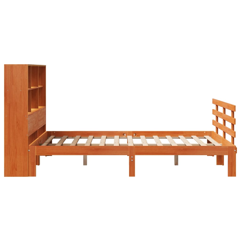 vidaXL Pat cu bibliotecă fără saltea, maro, 120x200 cm, lemn masiv pin vidaXL Pat cu bibliotecă fără saltea, maro, 120x200 cm, lemn masiv pin