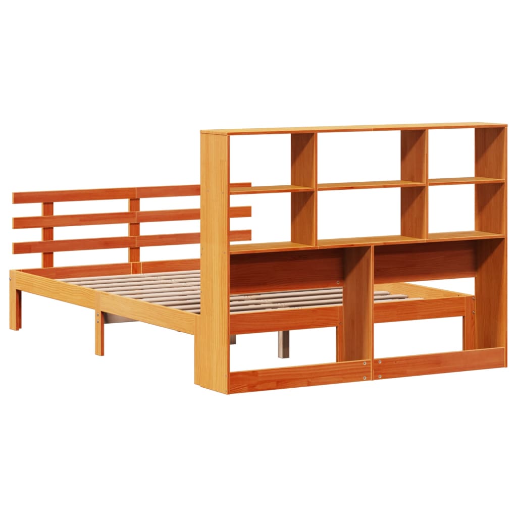 vidaXL Pat cu bibliotecă fără saltea, maro, 120x200 cm, lemn masiv pin vidaXL Pat cu bibliotecă fără saltea, maro, 120x200 cm, lemn masiv pin