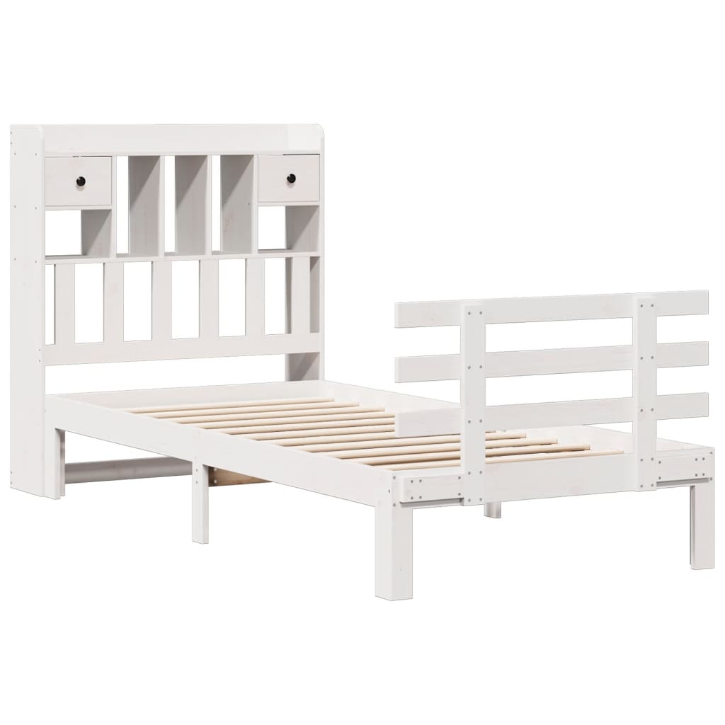 vidaXL Pat cu bibliotecă fără saltea, alb, 75x190 cm, lemn masiv pin