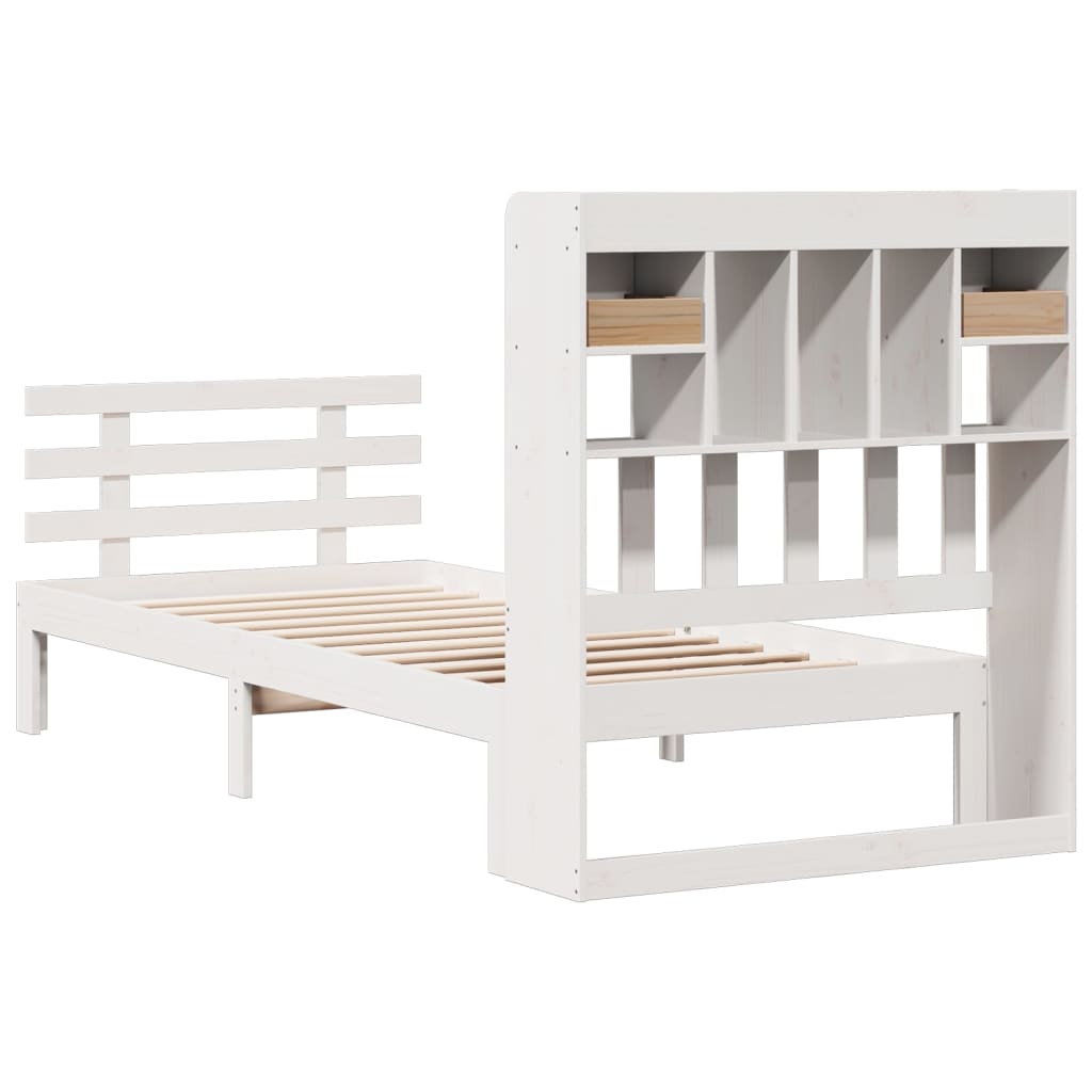 vidaXL Pat cu bibliotecă fără saltea, alb, 75x190 cm, lemn masiv pin