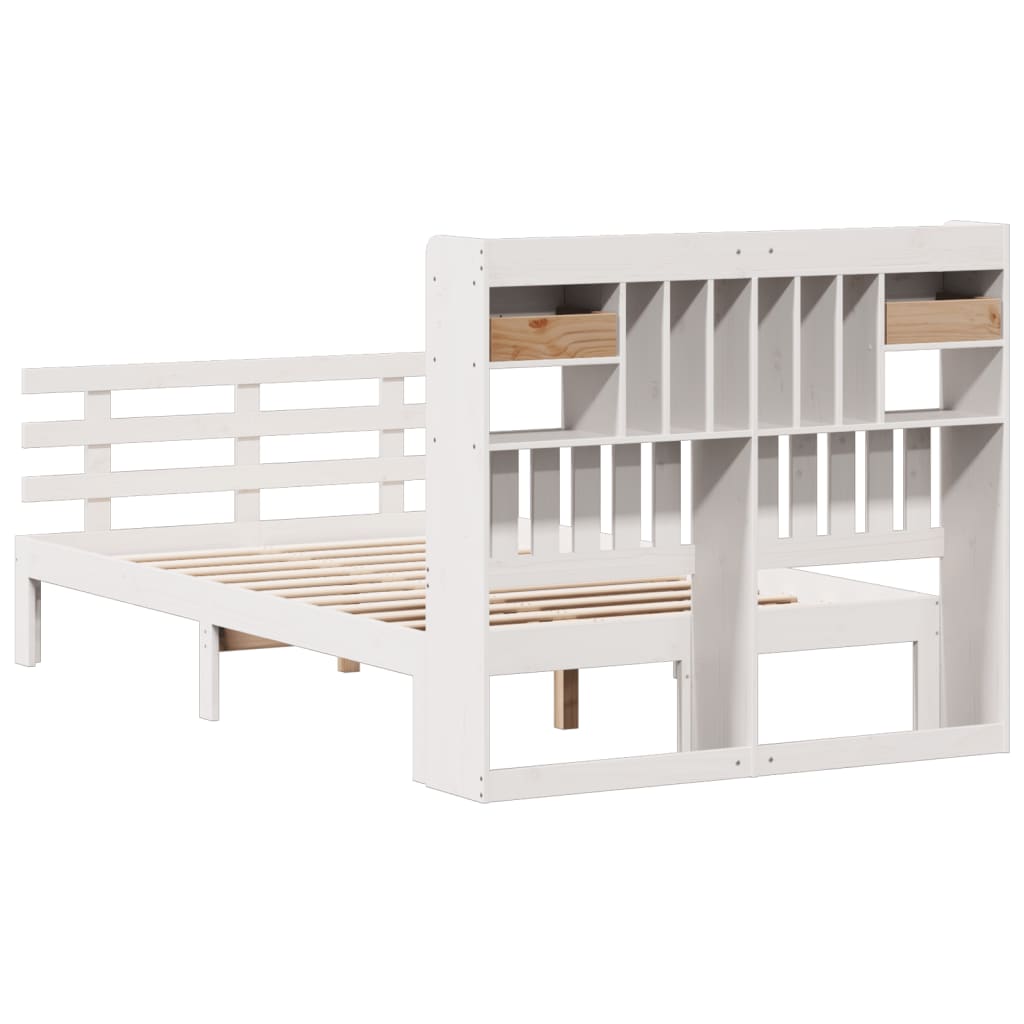 vidaXL Pat cu bibliotecă fără saltea, alb, 135x190 cm, lemn masiv pin