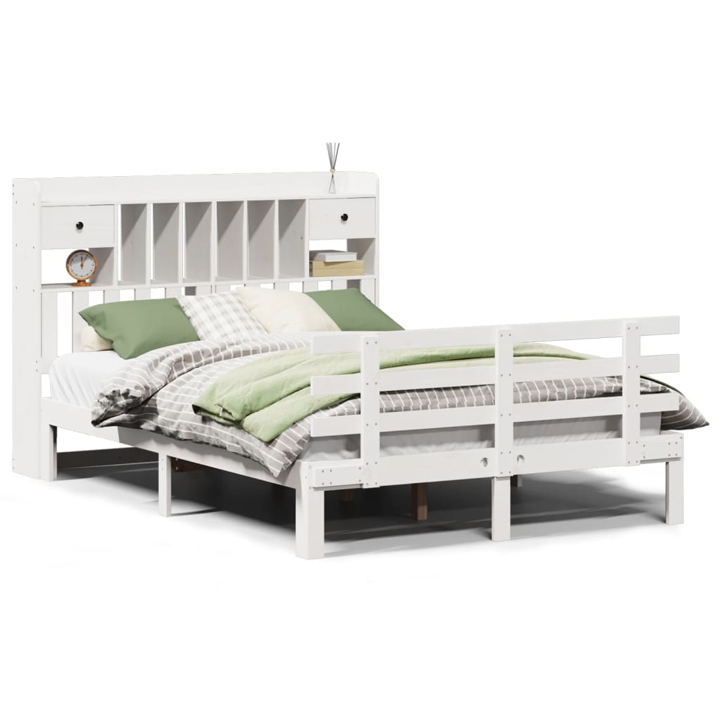 vidaXL Pat cu bibliotecă fără saltea, alb, 140x190 cm, lemn masiv pin vidaXL Pat cu bibliotecă fără saltea, alb, 140x190 cm, lemn masiv pin