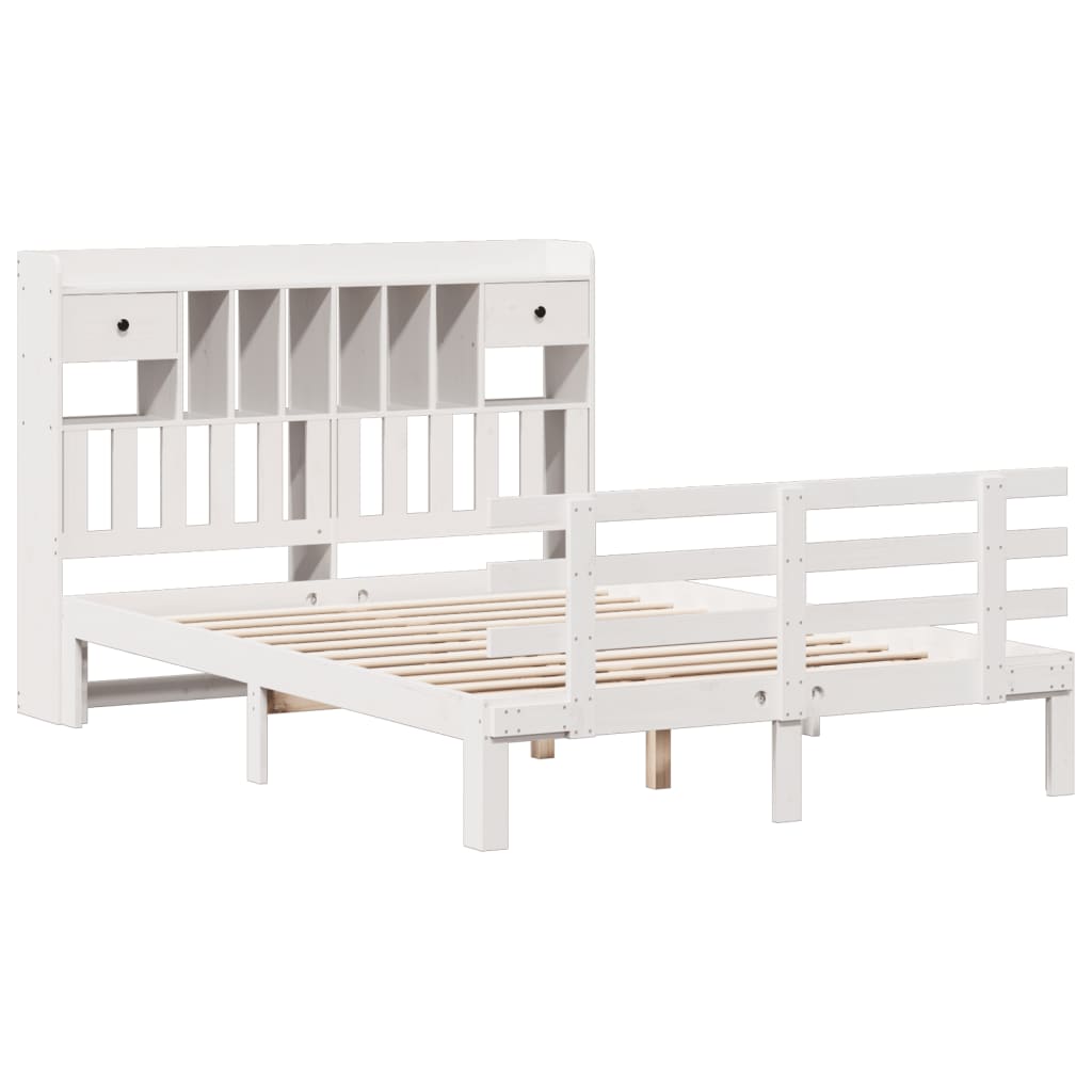 vidaXL Pat cu bibliotecă fără saltea, alb, 140x190 cm, lemn masiv pin vidaXL Pat cu bibliotecă fără saltea, alb, 140x190 cm, lemn masiv pin