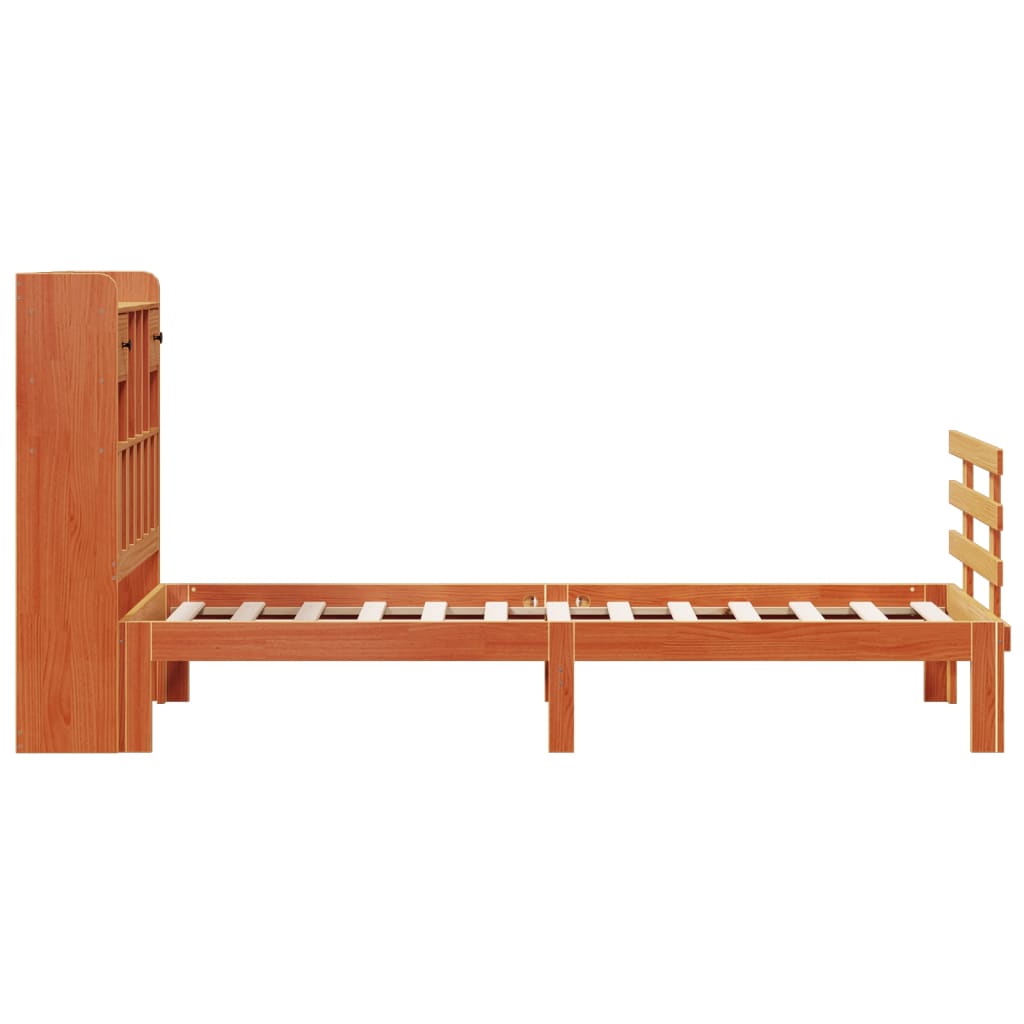 vidaXL Pat cu bibliotecă fără saltea, maro, 100x200 cm, lemn masiv pin vidaXL Pat cu bibliotecă fără saltea, maro, 100x200 cm, lemn masiv pin