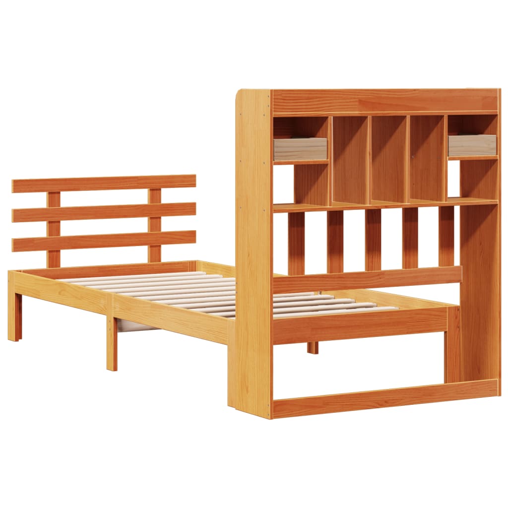 vidaXL Pat cu bibliotecă fără saltea, maro, 100x200 cm, lemn masiv pin vidaXL Pat cu bibliotecă fără saltea, maro, 100x200 cm, lemn masiv pin