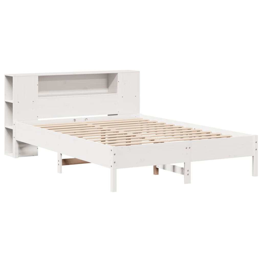 vidaXL Pat cu bibliotecă fără saltea, alb, 150x200 cm, lemn masiv pin