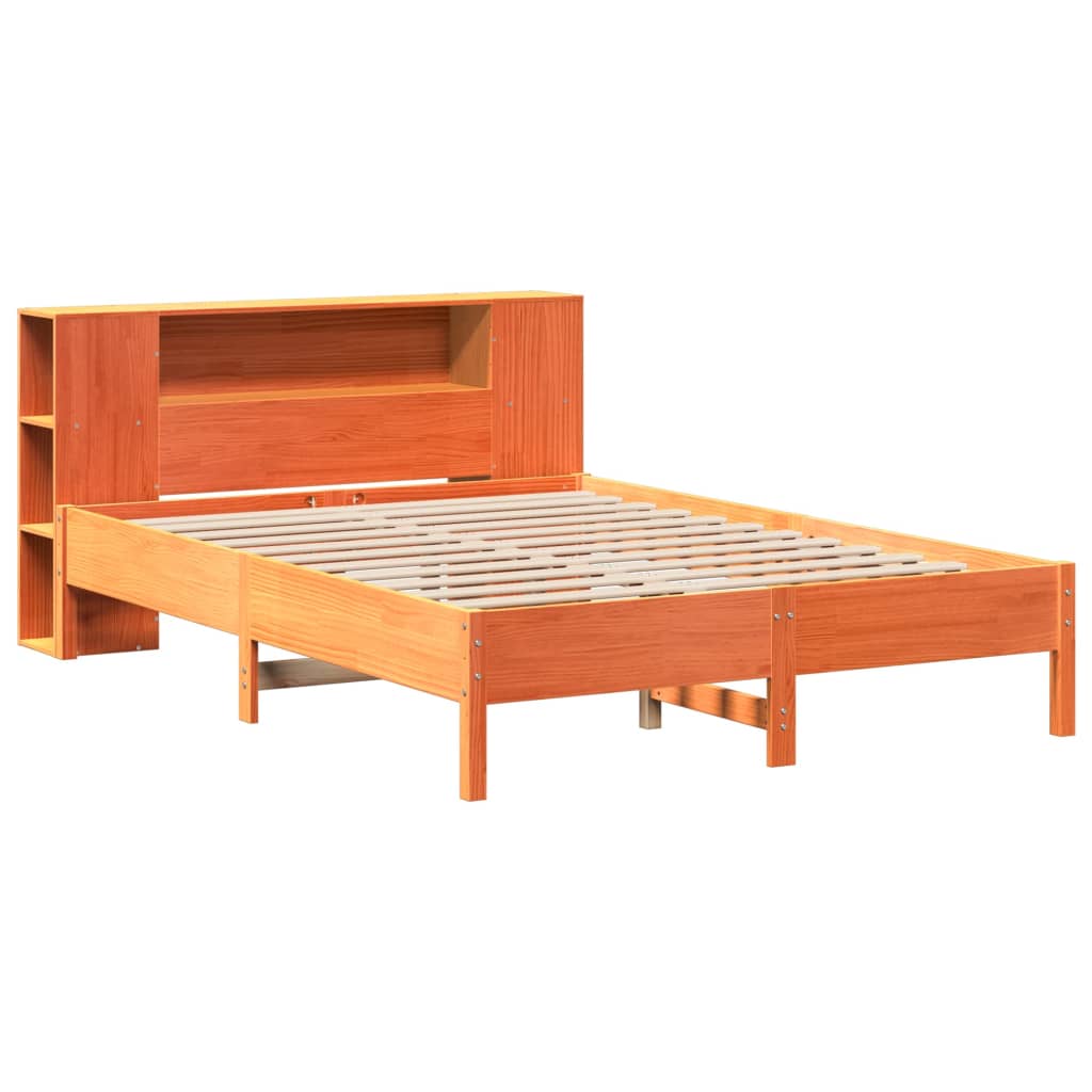 vidaXL Pat cu bibliotecă fără saltea, maro, 120x200 cm, lemn masiv pin vidaXL Pat cu bibliotecă fără saltea, maro, 120x200 cm, lemn masiv pin