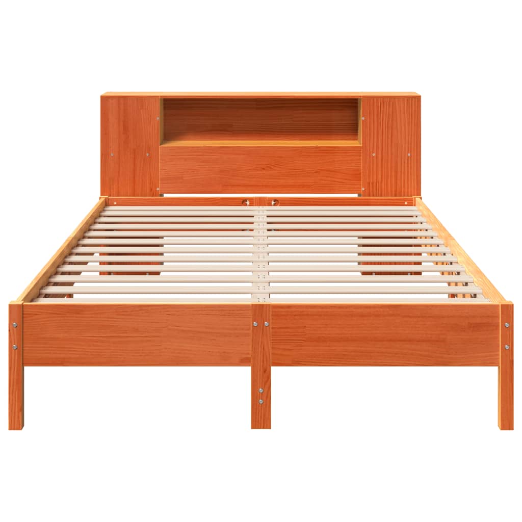 vidaXL Pat cu bibliotecă fără saltea, maro, 120x200 cm, lemn masiv pin vidaXL Pat cu bibliotecă fără saltea, maro, 120x200 cm, lemn masiv pin