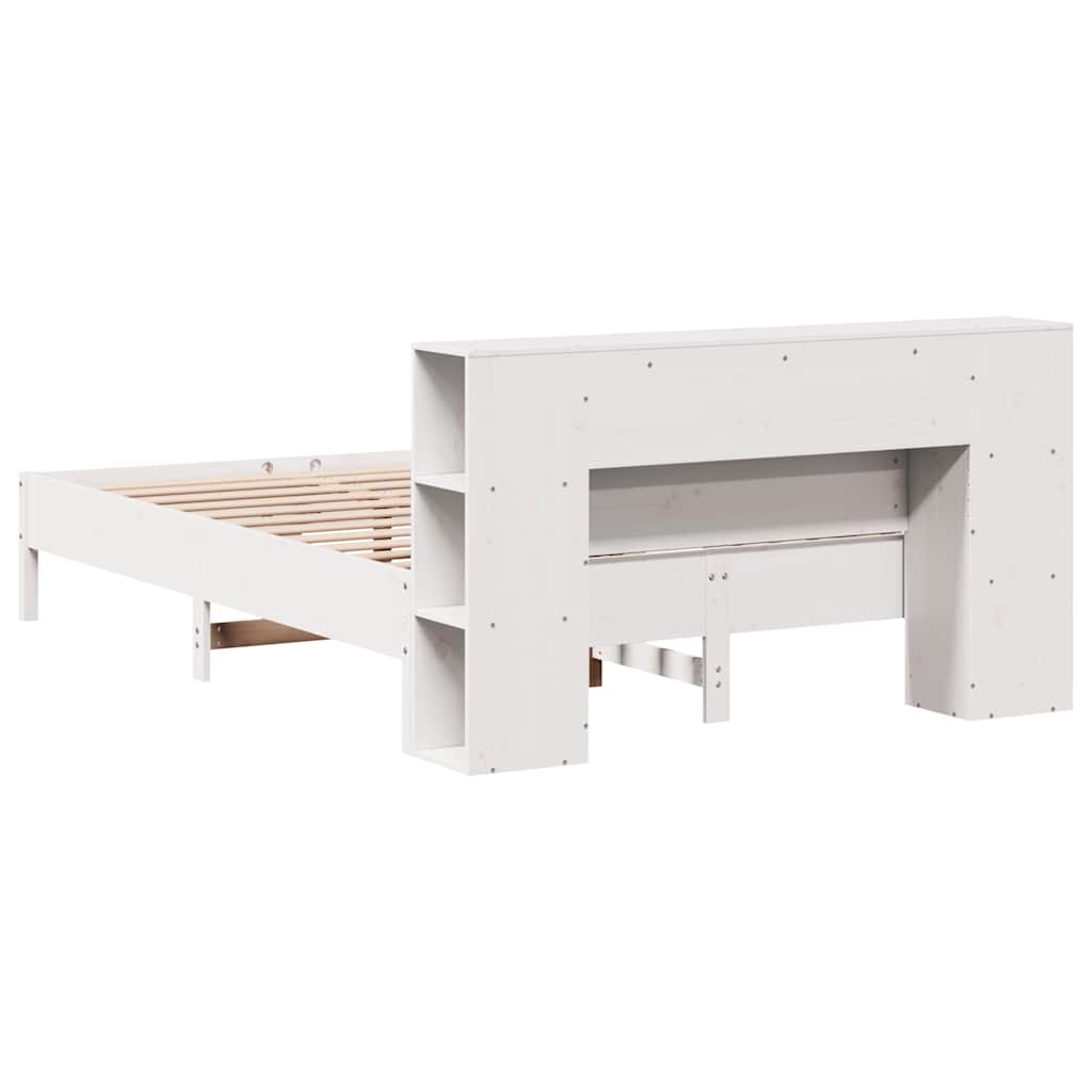 vidaXL Pat cu bibliotecă fără saltea, alb, 135x190 cm, lemn masiv pin