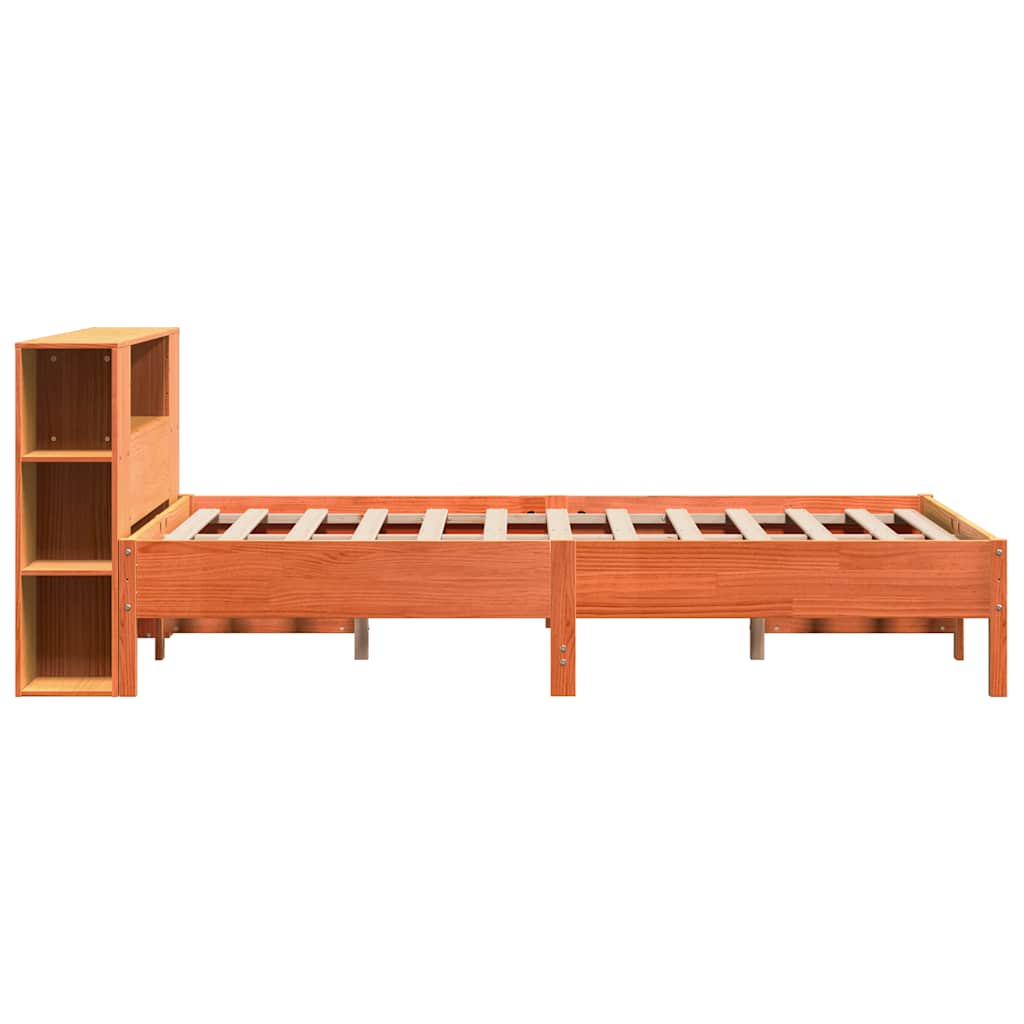 vidaXL Pat cu bibliotecă fără saltea, maro, 120x190 cm, lemn masiv pin vidaXL Pat cu bibliotecă fără saltea, maro, 120x190 cm, lemn masiv pin