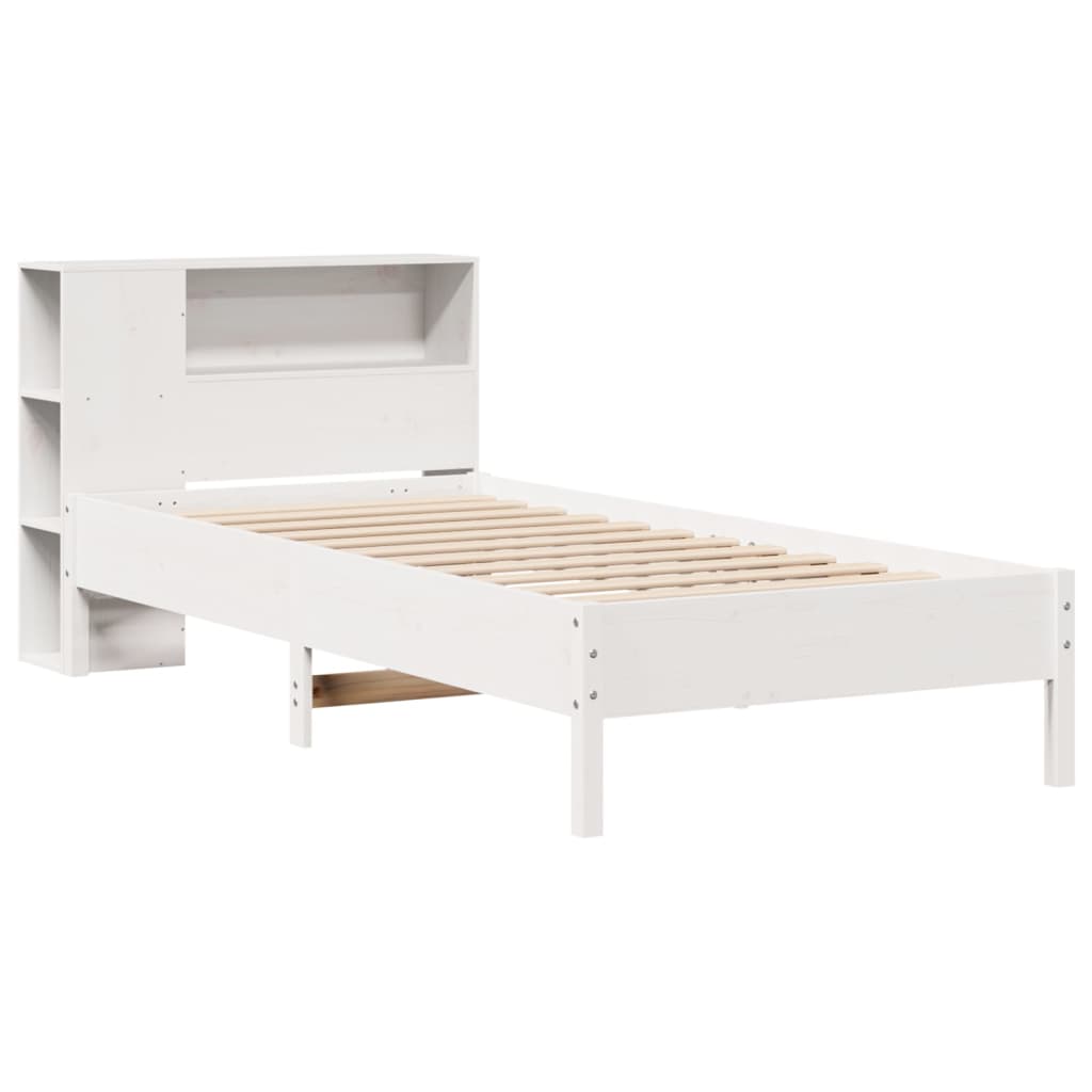 vidaXL Pat cu bibliotecă fără saltea, alb, 100x200 cm, lemn masiv pin vidaXL Pat cu bibliotecă fără saltea, alb, 100x200 cm, lemn masiv pin