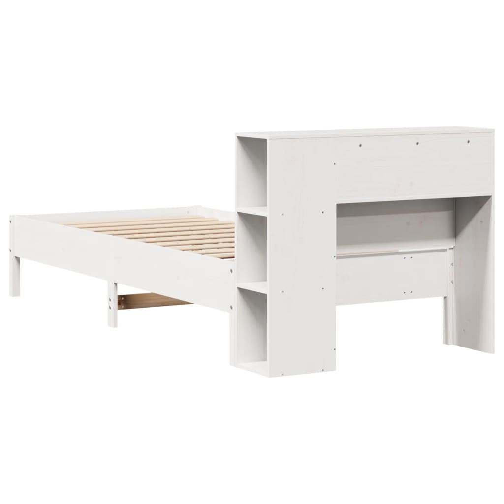 vidaXL Pat cu bibliotecă fără saltea, alb, 100x200 cm, lemn masiv pin vidaXL Pat cu bibliotecă fără saltea, alb, 100x200 cm, lemn masiv pin