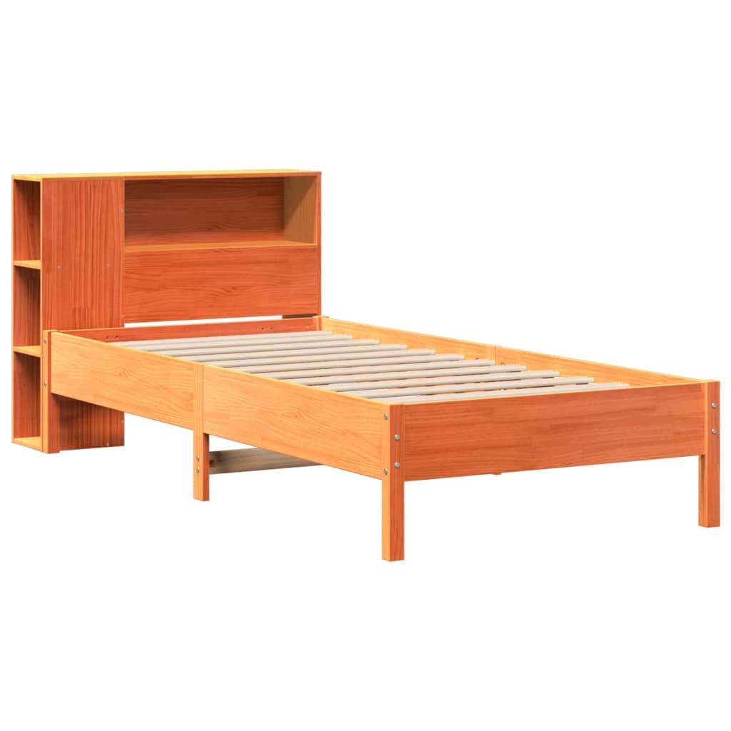 vidaXL Pat cu bibliotecă fără saltea, maro, 100x200 cm, lemn masiv pin vidaXL Pat cu bibliotecă fără saltea, maro, 100x200 cm, lemn masiv pin