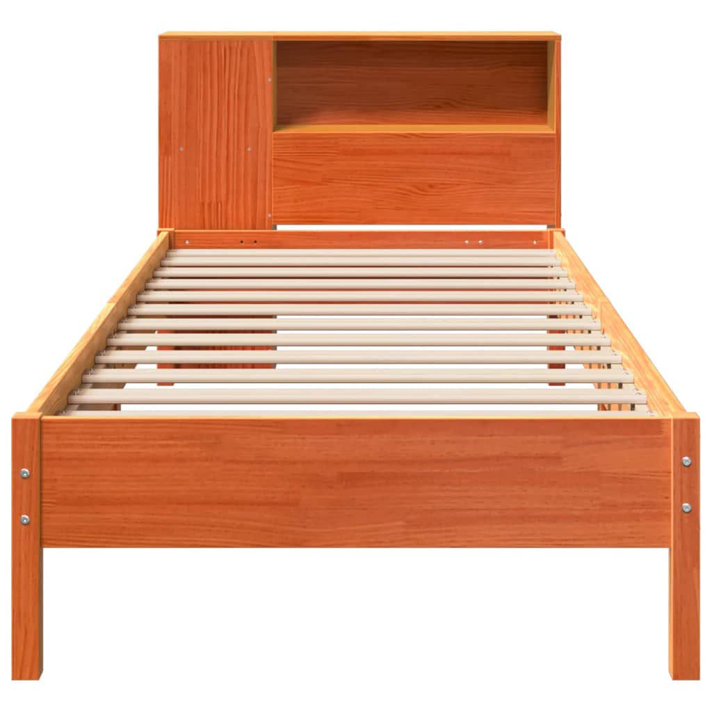 vidaXL Pat cu bibliotecă fără saltea, maro, 100x200 cm, lemn masiv pin vidaXL Pat cu bibliotecă fără saltea, maro, 100x200 cm, lemn masiv pin