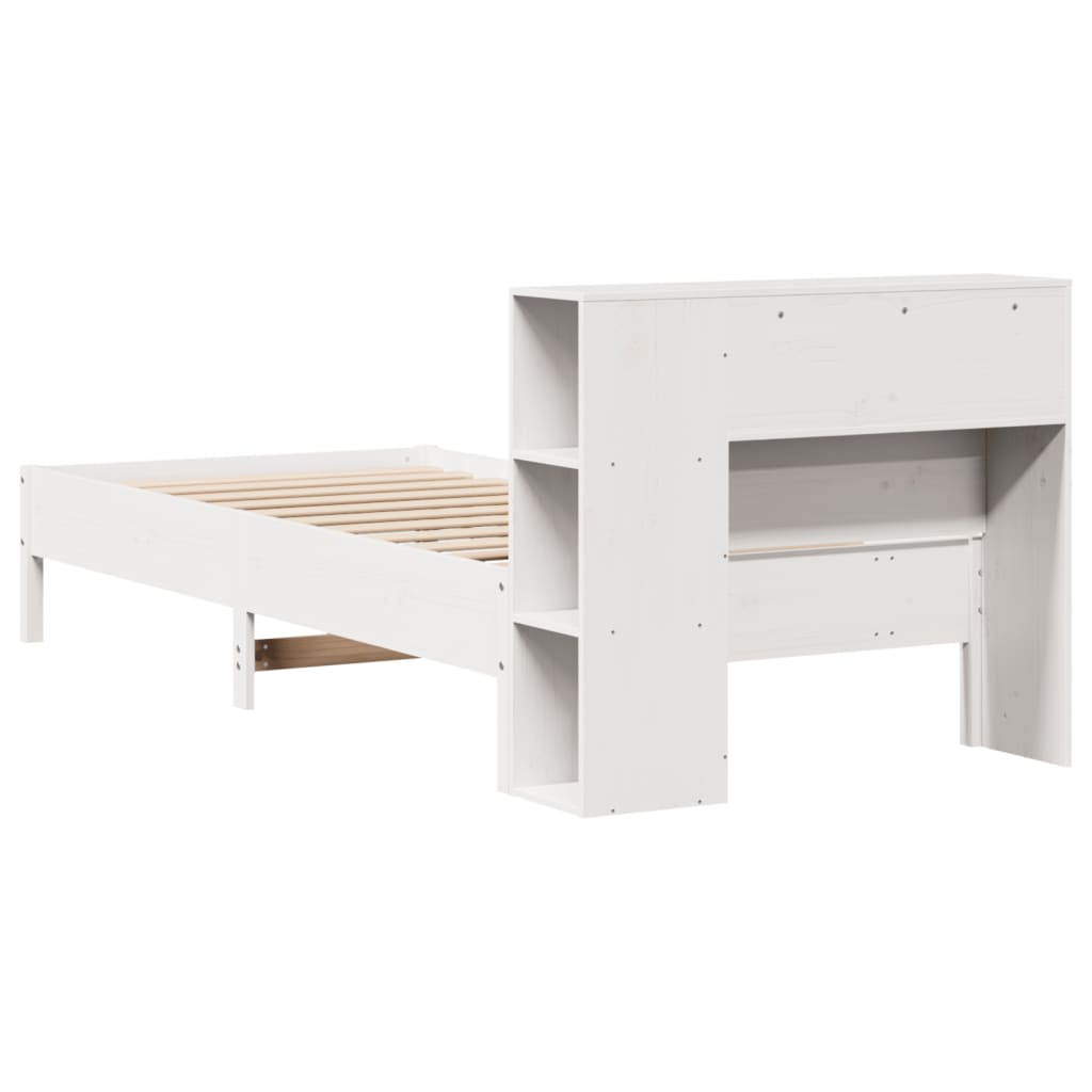 vidaXL Pat cu bibliotecă fără saltea, alb, 75x190 cm, lemn masiv pin vidaXL Pat cu bibliotecă fără saltea, alb, 75x190 cm, lemn masiv pin