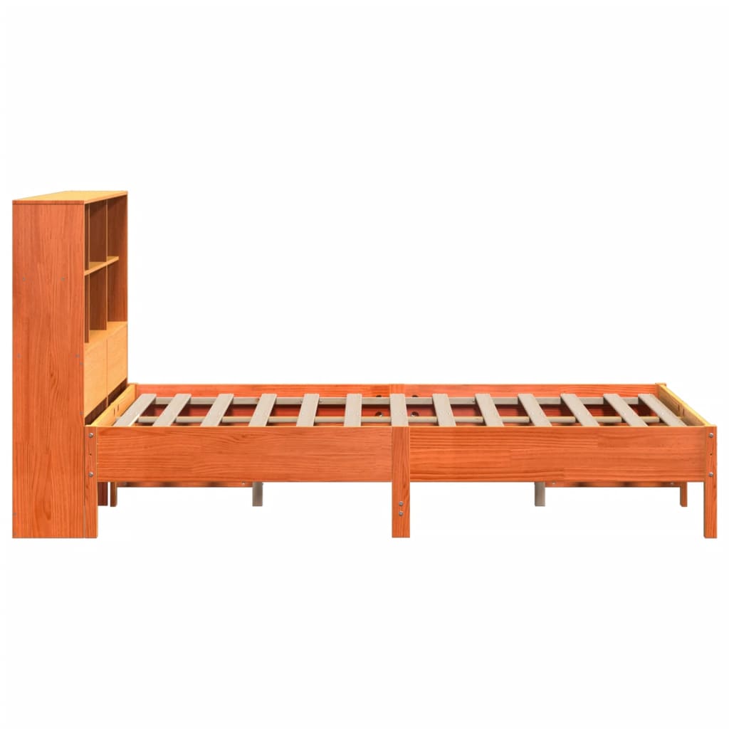 vidaXL Pat cu bibliotecă fără saltea, maro, 120x200 cm, lemn masiv pin vidaXL Pat cu bibliotecă fără saltea, maro, 120x200 cm, lemn masiv pin