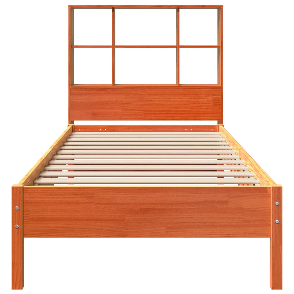 vidaXL Pat cu bibliotecă fără saltea, maro, 100x200 cm, lemn masiv pin vidaXL Pat cu bibliotecă fără saltea, maro, 100x200 cm, lemn masiv pin