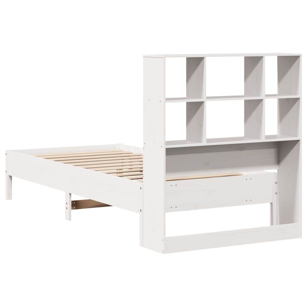 vidaXL Pat cu bibliotecă fără saltea, alb, 90x200 cm, lemn masiv pin vidaXL Pat cu bibliotecă fără saltea, alb, 90x200 cm, lemn masiv pin