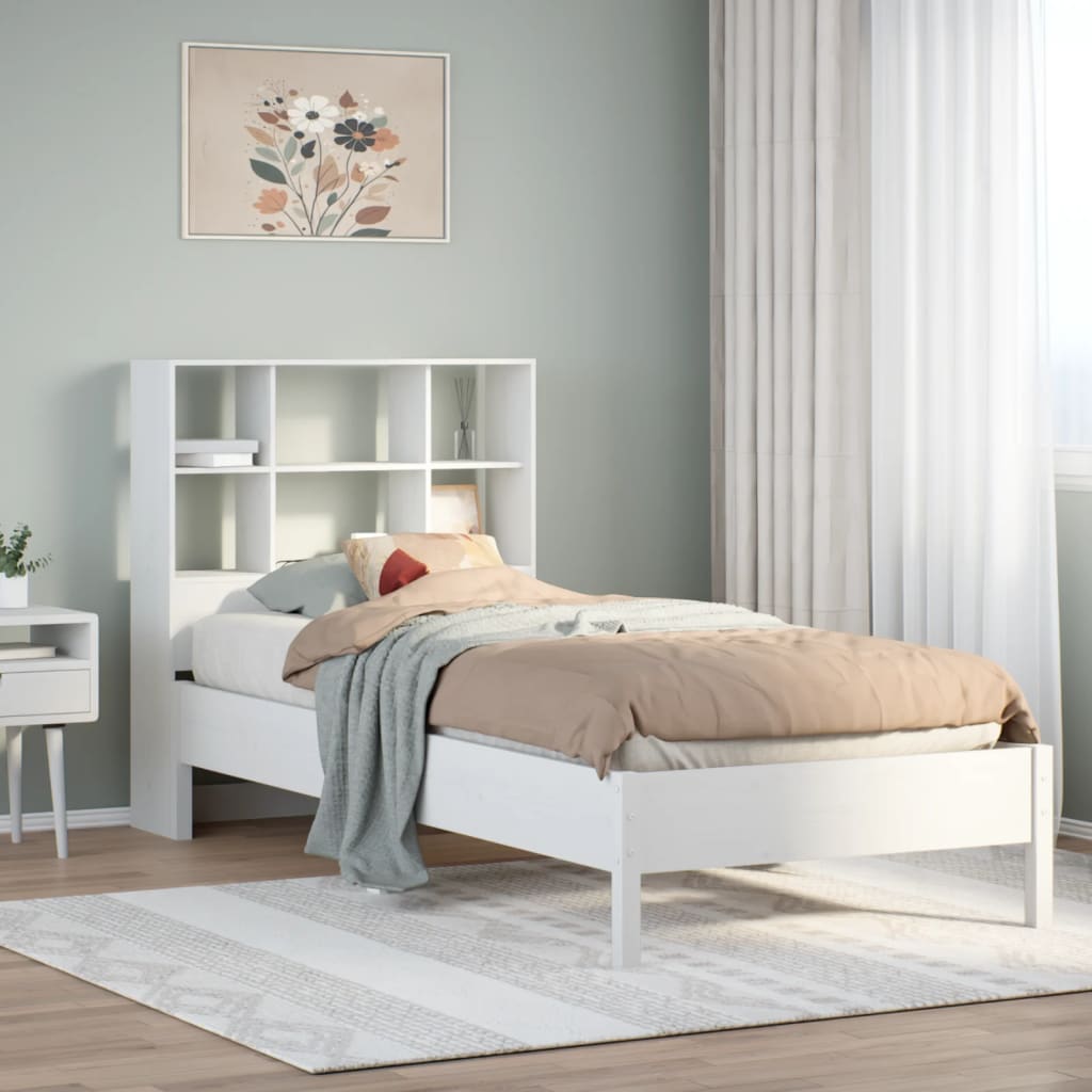vidaXL Pat cu bibliotecă fără saltea, alb, 90x200 cm, lemn masiv pin vidaXL Pat cu bibliotecă fără saltea, alb, 90x200 cm, lemn masiv pin