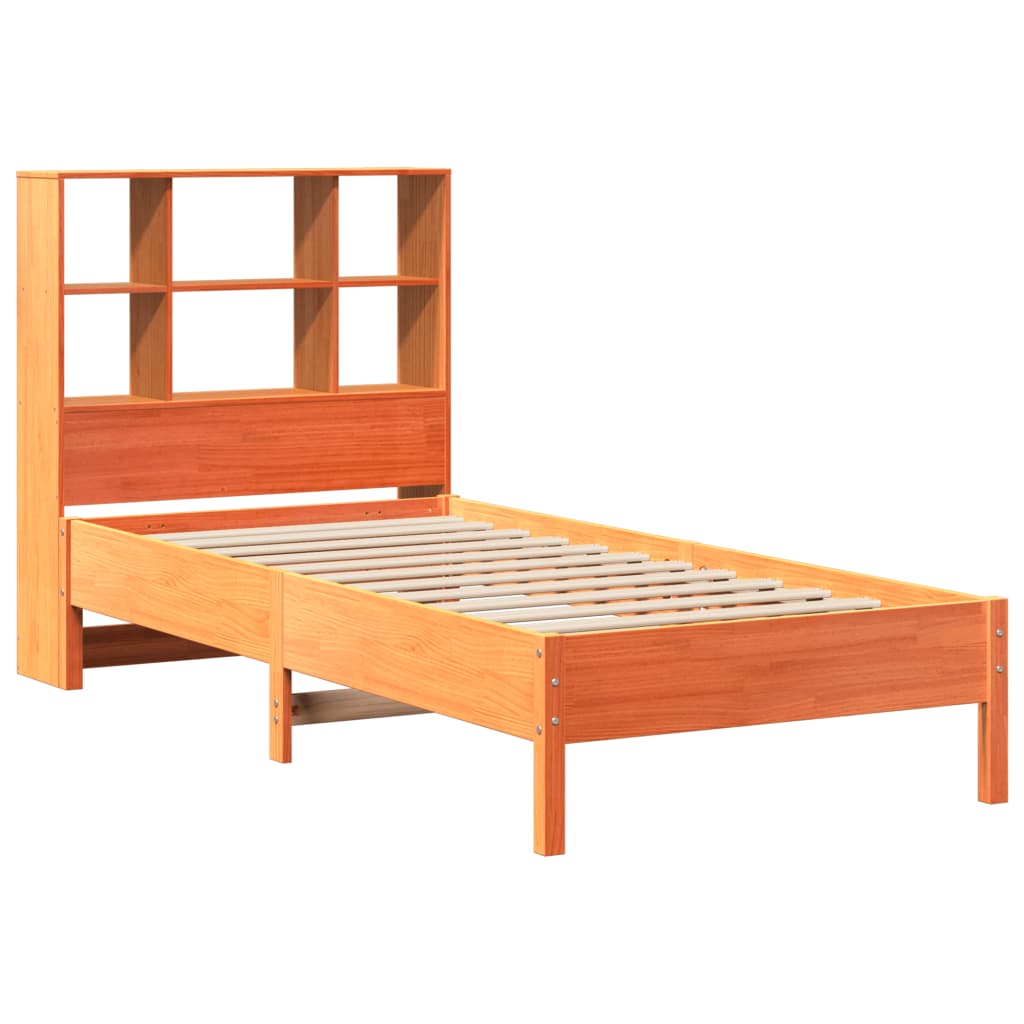 vidaXL Pat cu bibliotecă fără saltea, maro, 90x200 cm, lemn masiv pin vidaXL Pat cu bibliotecă fără saltea, maro, 90x200 cm, lemn masiv pin