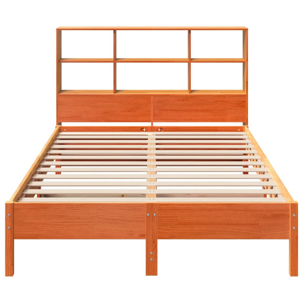 vidaXL Pat cu bibliotecă fără saltea, maro, 120x190 cm, lemn masiv pin vidaXL Pat cu bibliotecă fără saltea, maro, 120x190 cm, lemn masiv pin